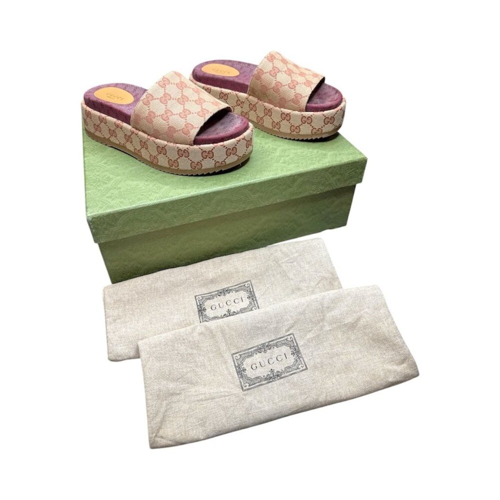 GUCCI Angelina Platform Slide Sandals EU 38.5 US 8.5 Beige GG Monogram Logo